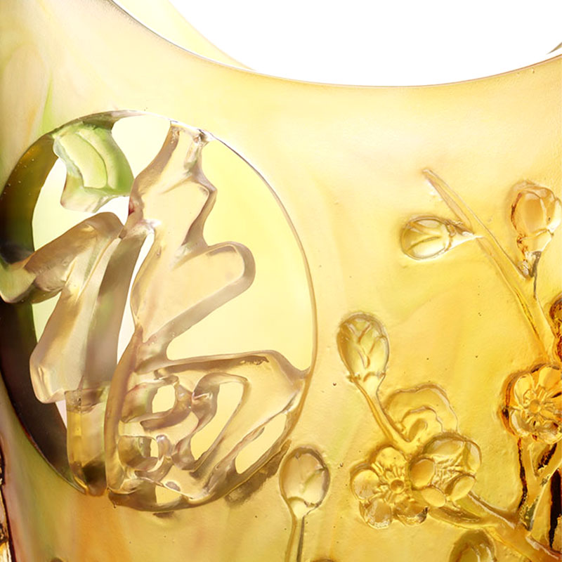 বাড়ির সজ্জা প্লাম ব্লসম খোদাই করা ডিজাইন অ্যাম্বার গ্লাস ফুলদানি